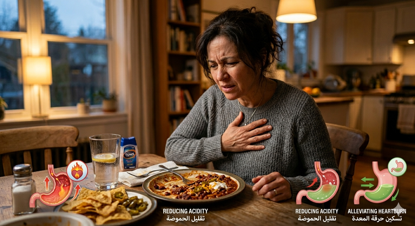 صورة مركبة تظهر امرأة تعاني من ألم في صدرها (حموضة) بعد تناول وجبة حارة، مع رسوم توضيحية أسفل الصورة تشرح حالة ارتداد الحمض في المعدة وكيفية تسكينها وتقليل الحموضة.