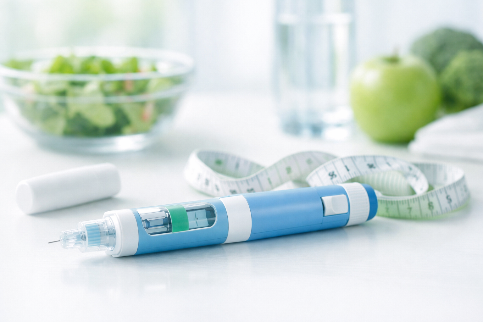 قلم حقن لإنقاص الوزن بجانب شريط قياس وطعام صحي على طاولة بيضاء