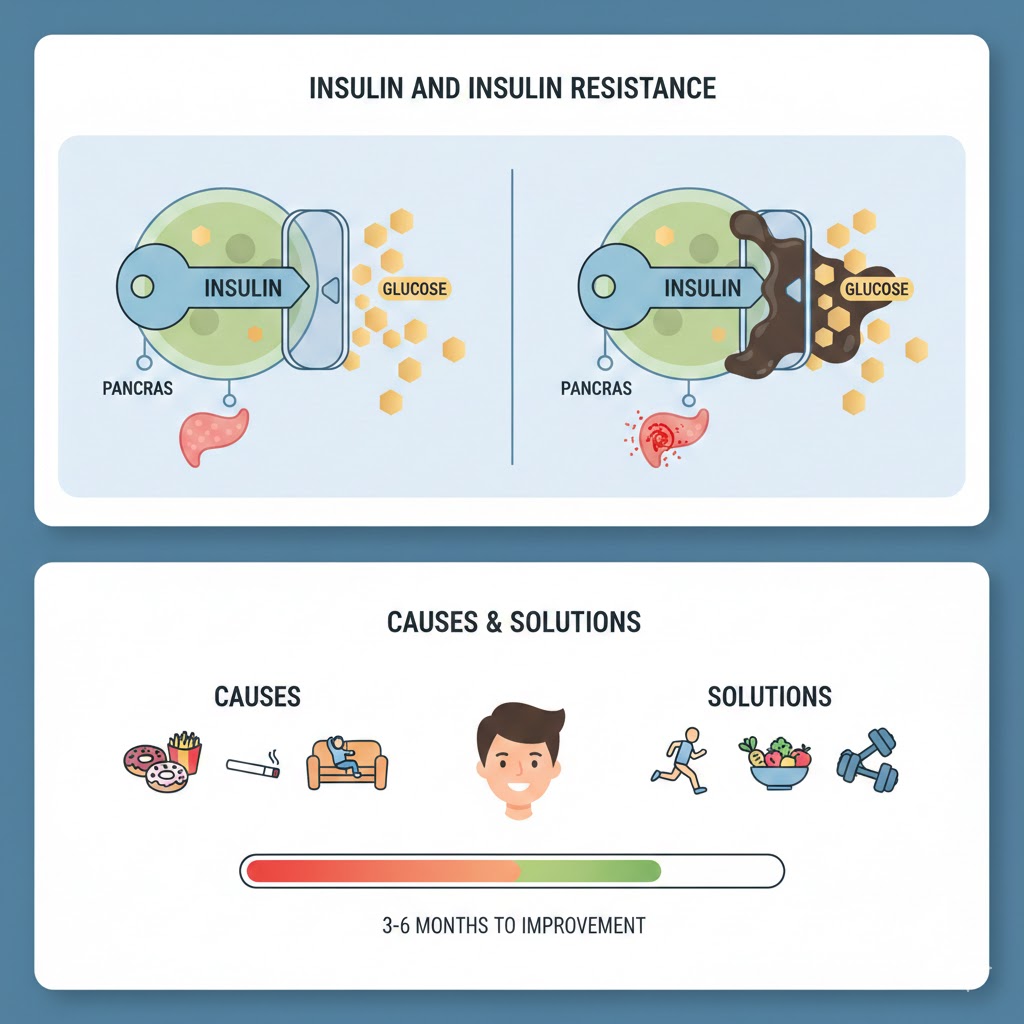 إنفوجرافيك توضيحي يشرح الفرق بين عمل الإنسولين الطبيعي ومقاومة الإنسولين، مع رسوم بيانية للأسباب مثل الوجبات السريعة والحلول مثل الرياضة والأكل الصحي.