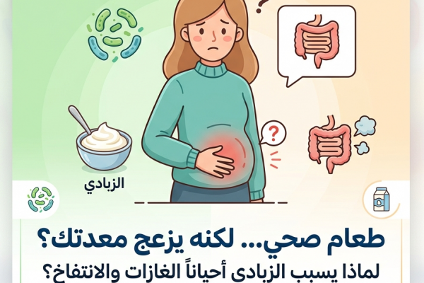 امرأة تشعر بانتفاخ وألم في المعدة بعد تناول الزبادي مع رسوم توضيحية للجهاز الهضمي وبكتيريا البروبيوتيك.
