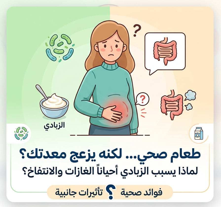 امرأة تشعر بانتفاخ وألم في المعدة بعد تناول الزبادي مع رسوم توضيحية للجهاز الهضمي وبكتيريا البروبيوتيك.
