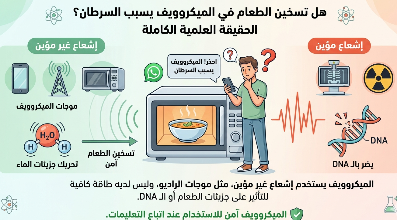 إنفوجرافيك يوضح الفرق بين إشعاع الميكروويف غير المؤين والإشعاع المؤين الضار، مع شرح علمي لآلية تسخين الطعام وتفنيد خرافة تسببه في السرطان.